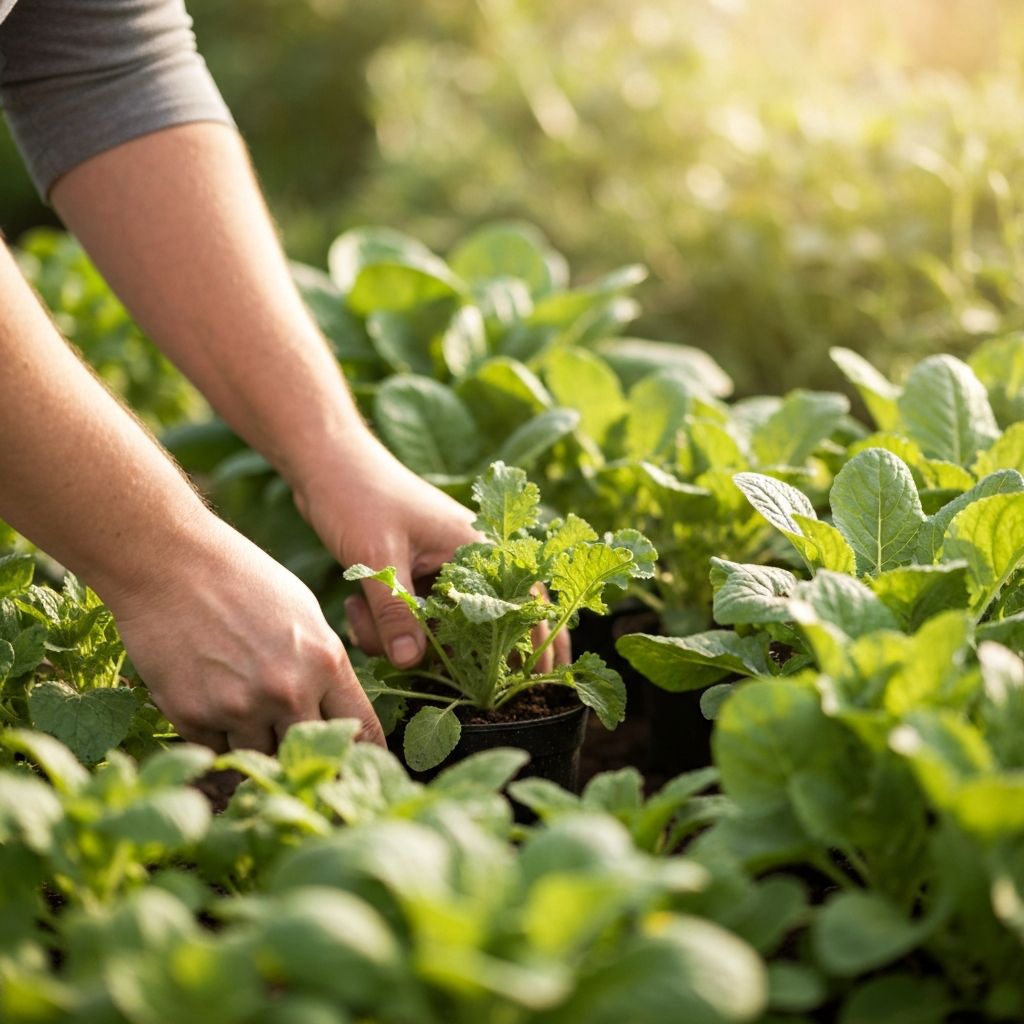 Hands tending to plants in garden
